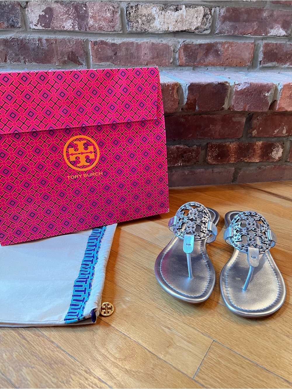 Tory Burch Silver Metallic Leather Miller Embellished Sandals